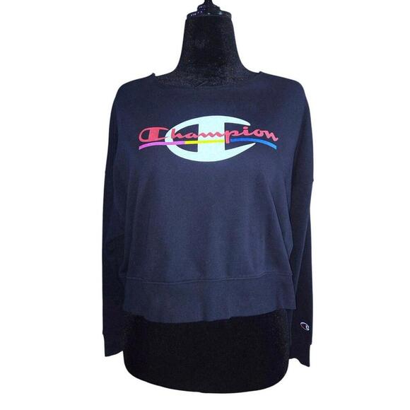 Women's Champion Crop Top Scoop Neck Sweater Black/Rainbow  Size Medium NWT - Picture 1 of 8